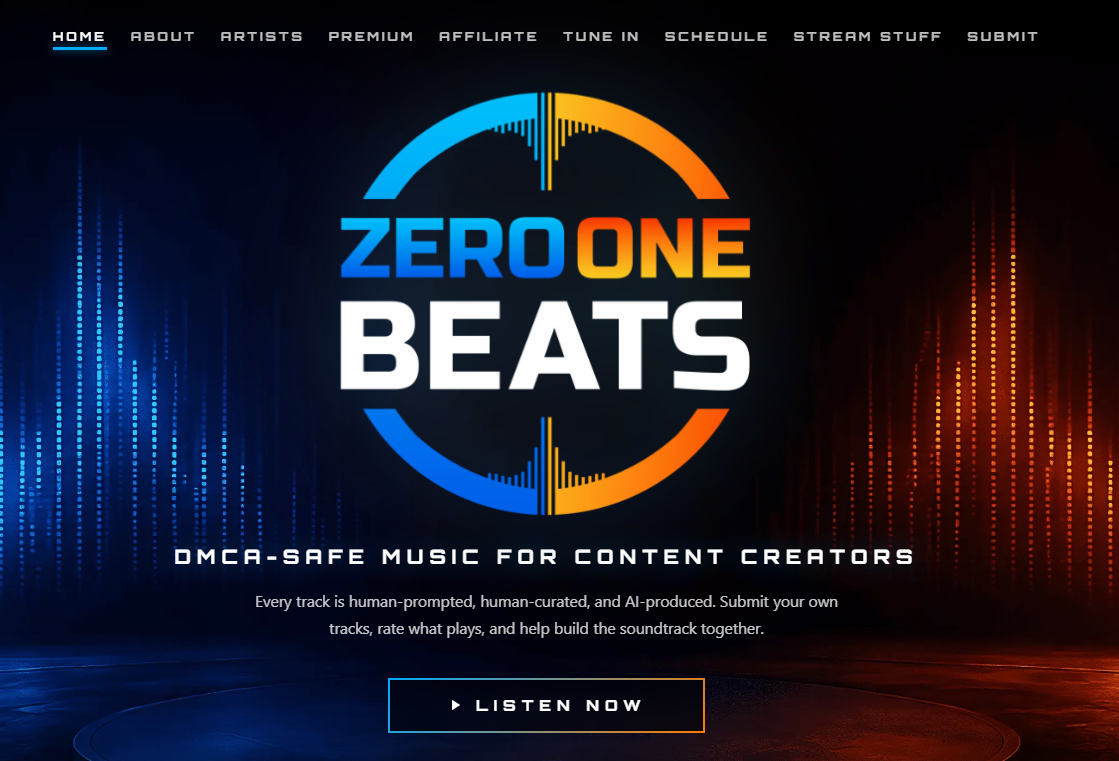ZeroOne Beats 24/7 internet radio and Twitch live stream interface