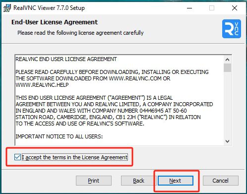 接受 VNC Viewer 许可协议中的条款