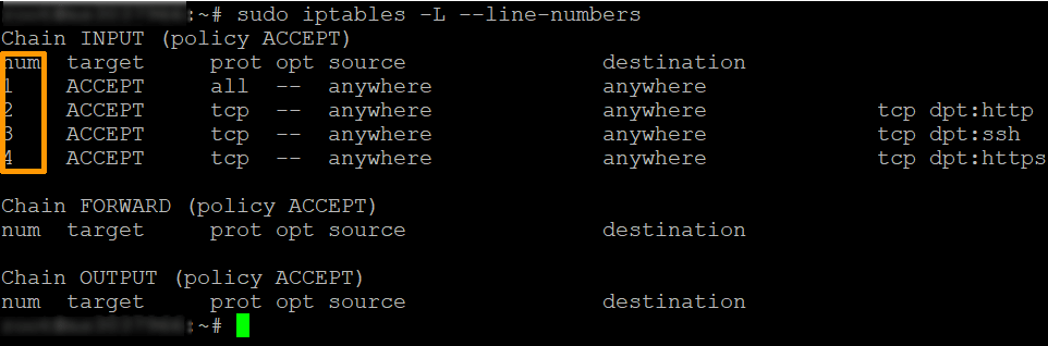 带有行号的 iptables