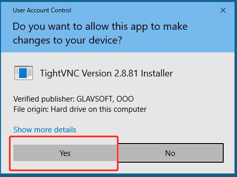 Click yes in the Do you want to allow this app to make changes to your device window