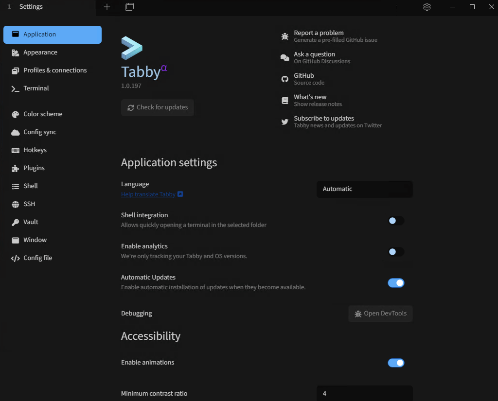 Tabby 应用程序设置