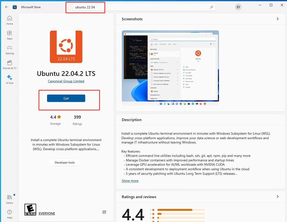 单击“获取”安装 Linux 发行版