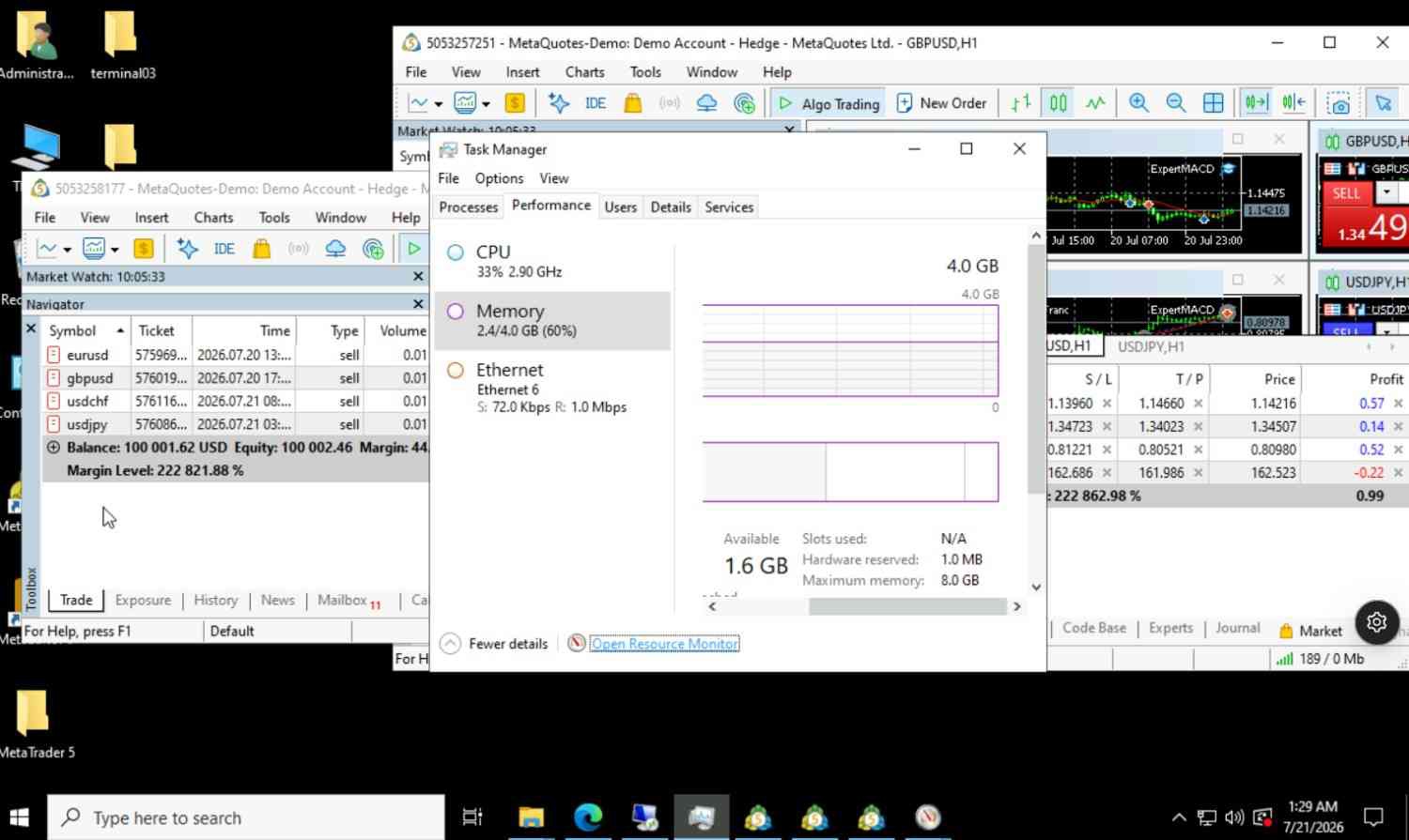 Windows VPS running 3 MT5 terminals