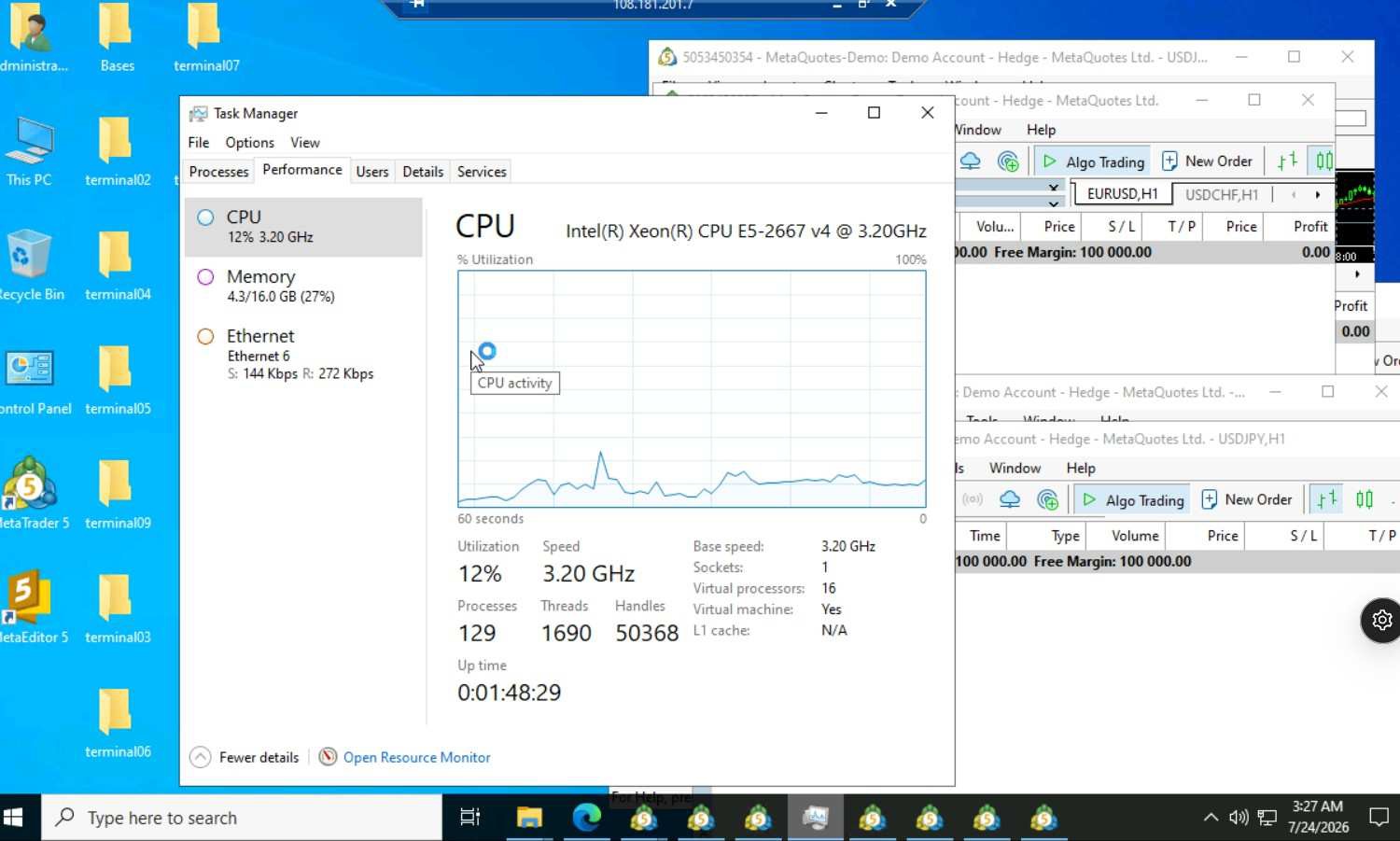 Resource usage with 12 MT5 terminals running