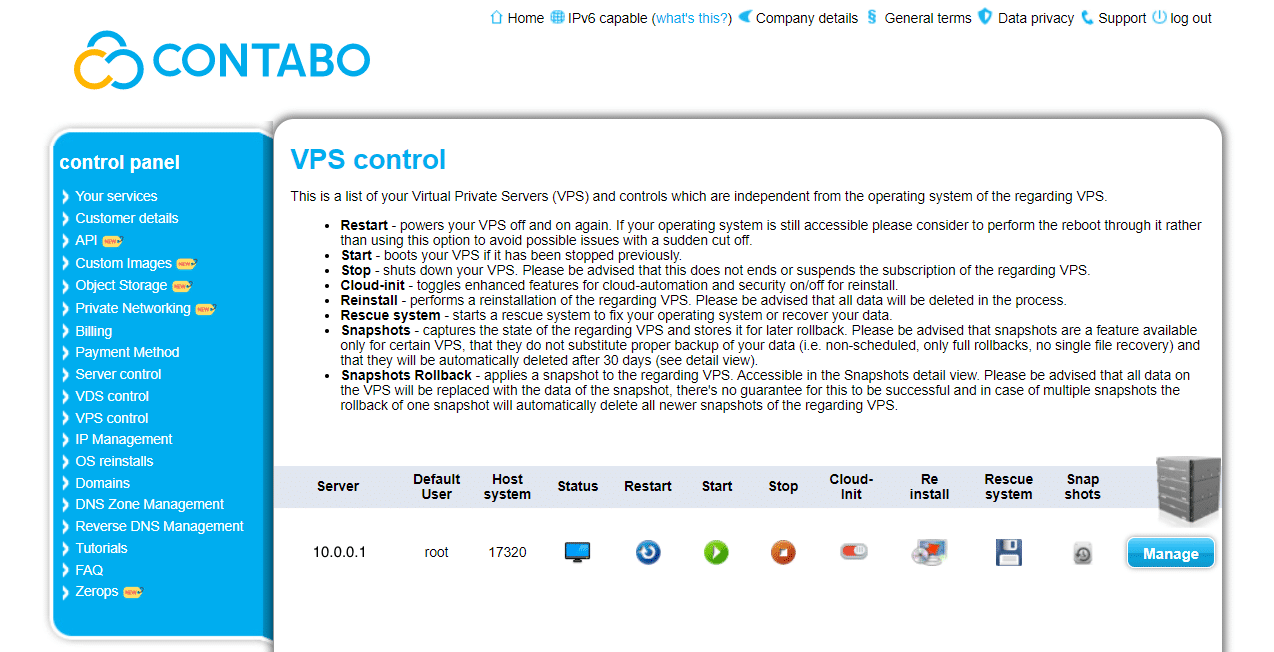 Contabo management console