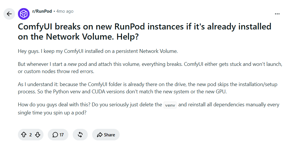 Reddit post from r/RunPod describing a broken ComfyUI environment after attaching storage to a new pod with a mismatched GPU