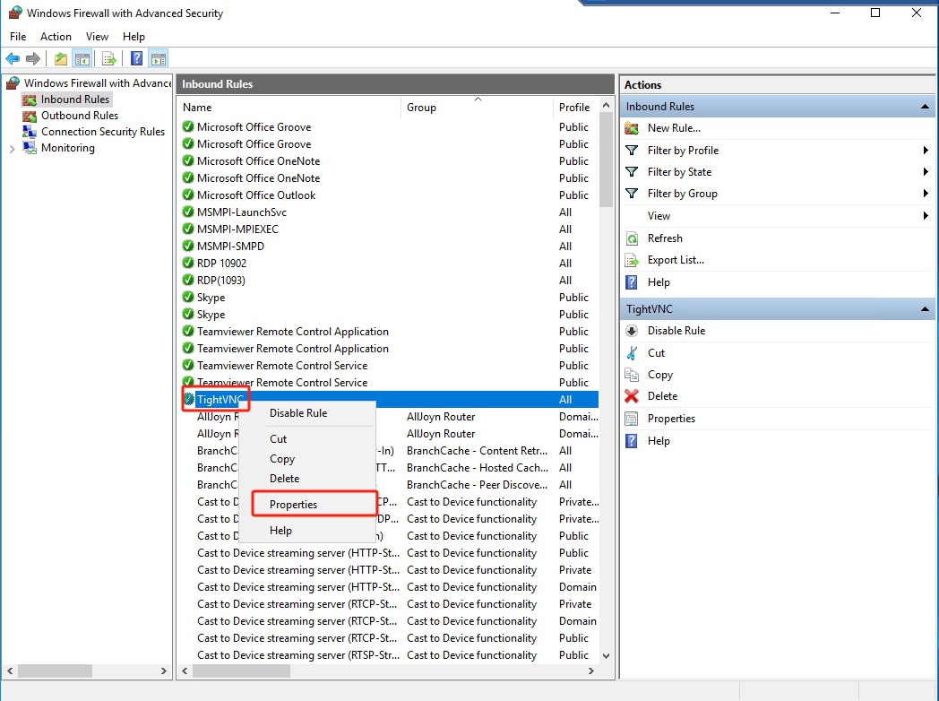 Check TightVNC firewall properties